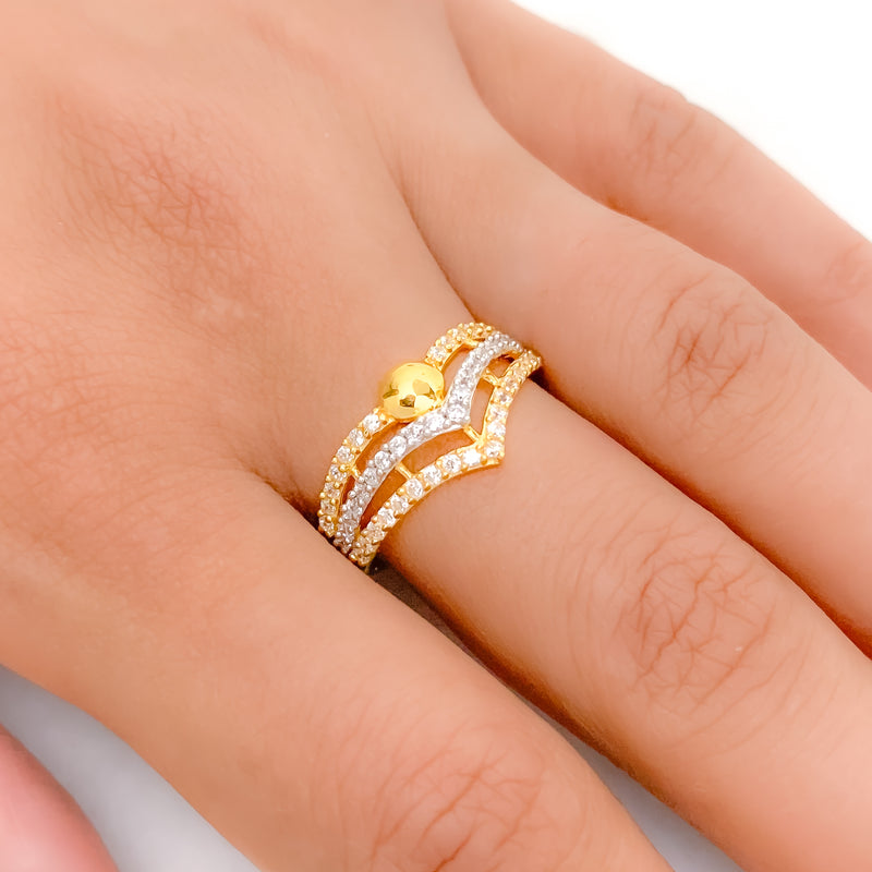 Glossy Three Line CZ 22k Gold Ring