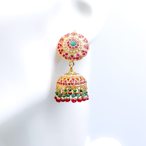 Colorful Ruby Emerald 22k Gold Jhumki