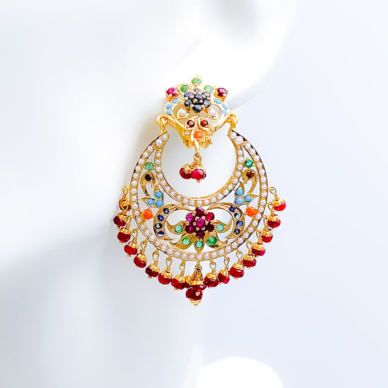 Floral Multi-Stone Chand 22k Gold Earrings