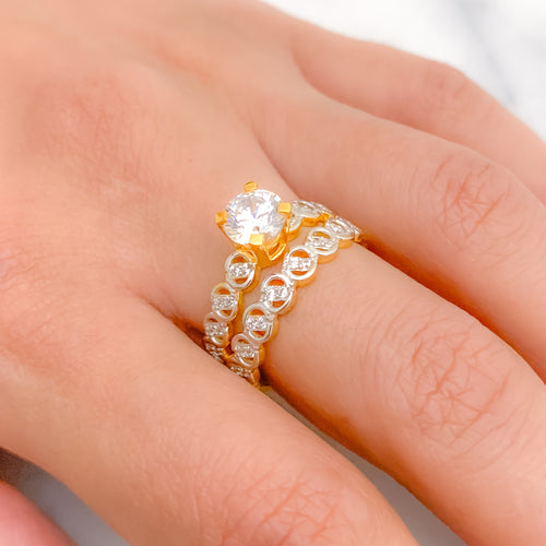 Charming Accented CZ Solitaire 22k Gold Ring & Band