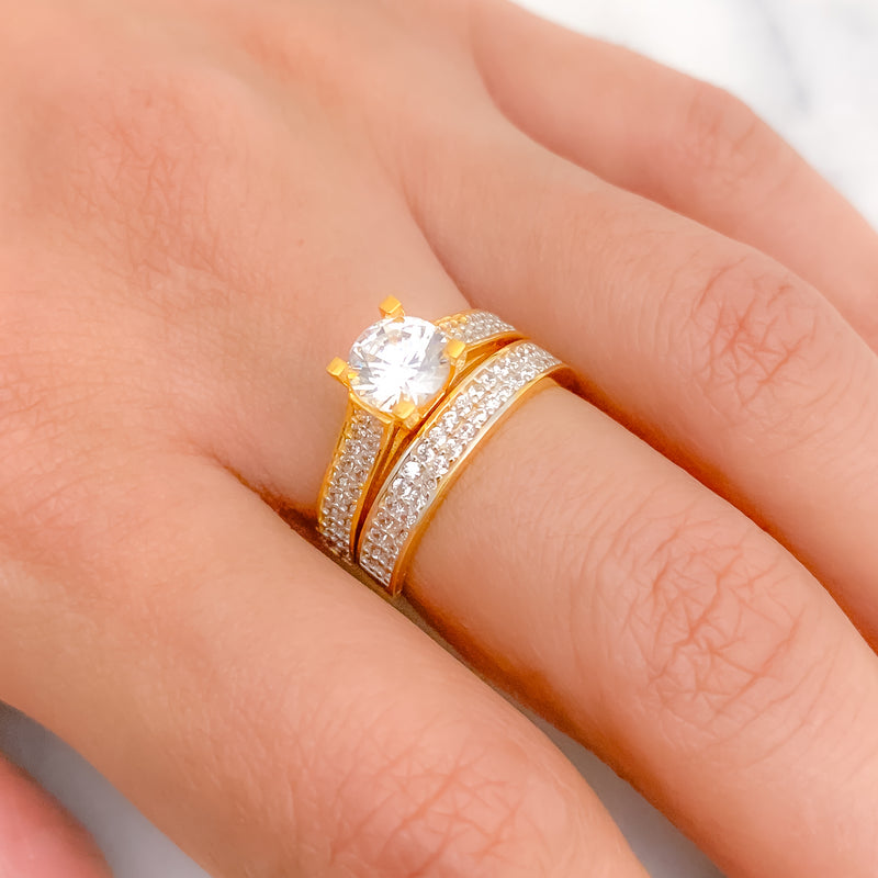 Luxurious Traditional CZ Solitaire Dual 22k Gold Ring