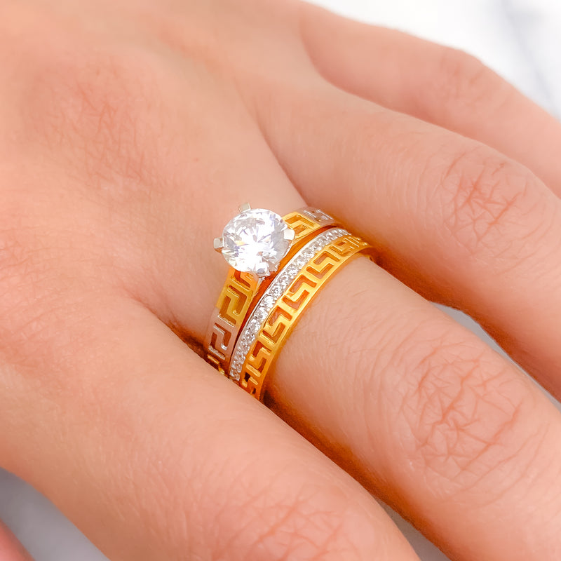 Ornate CZ Solitaire Dual 22k Gold Ring