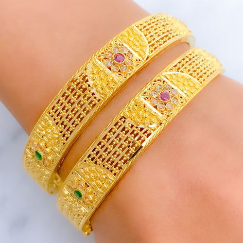 Classy Stone + Flower 22k Gold Bangles