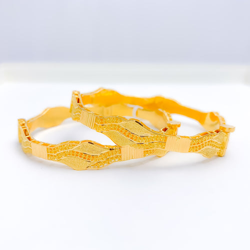 Contemporary Sand Finish Wave 22k Gold Bangles