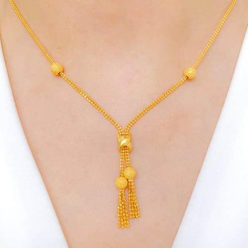 Frosted Gold Beads With Hanging Tassel Necklace Set