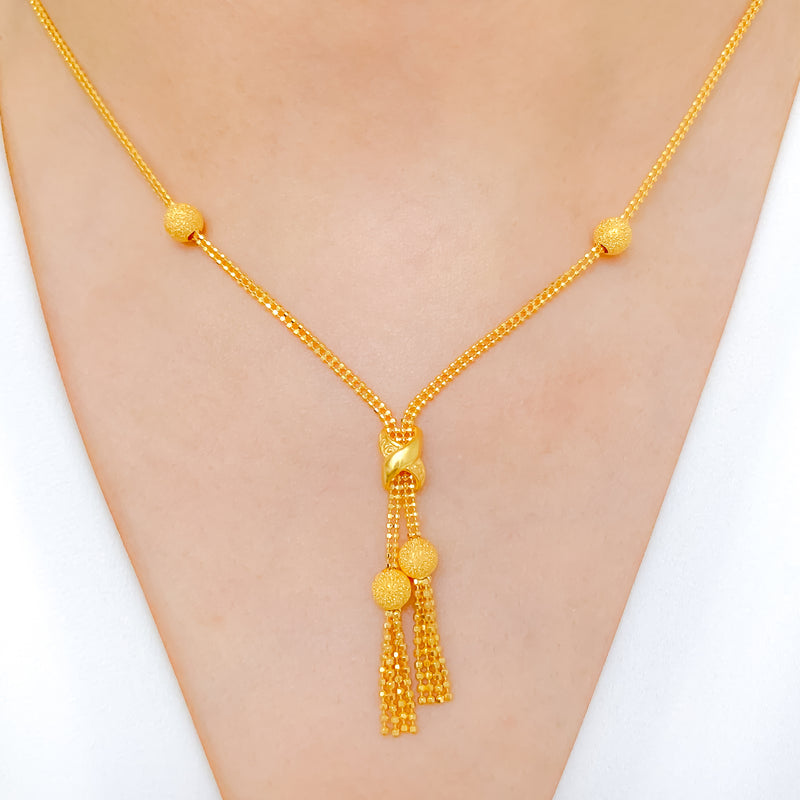 Frosted Gold Beads With Hanging Tassel Necklace Set