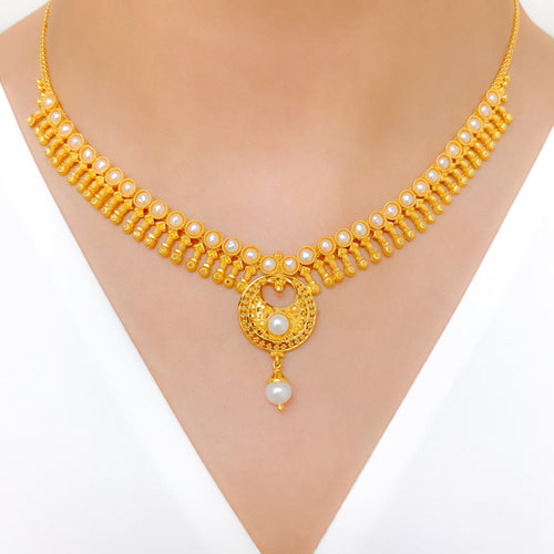 Graceful Pearl Drop 22k Gold Necklace Set