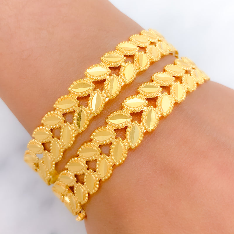 Elegant Leaf Accented 22k Gold Bangle Pair