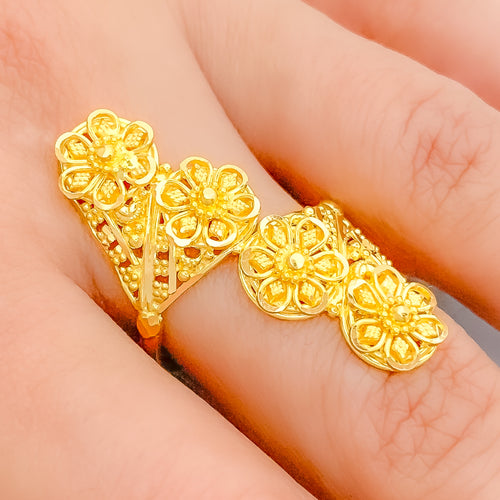 Long Glistening Flower Petals 22k Gold Ring