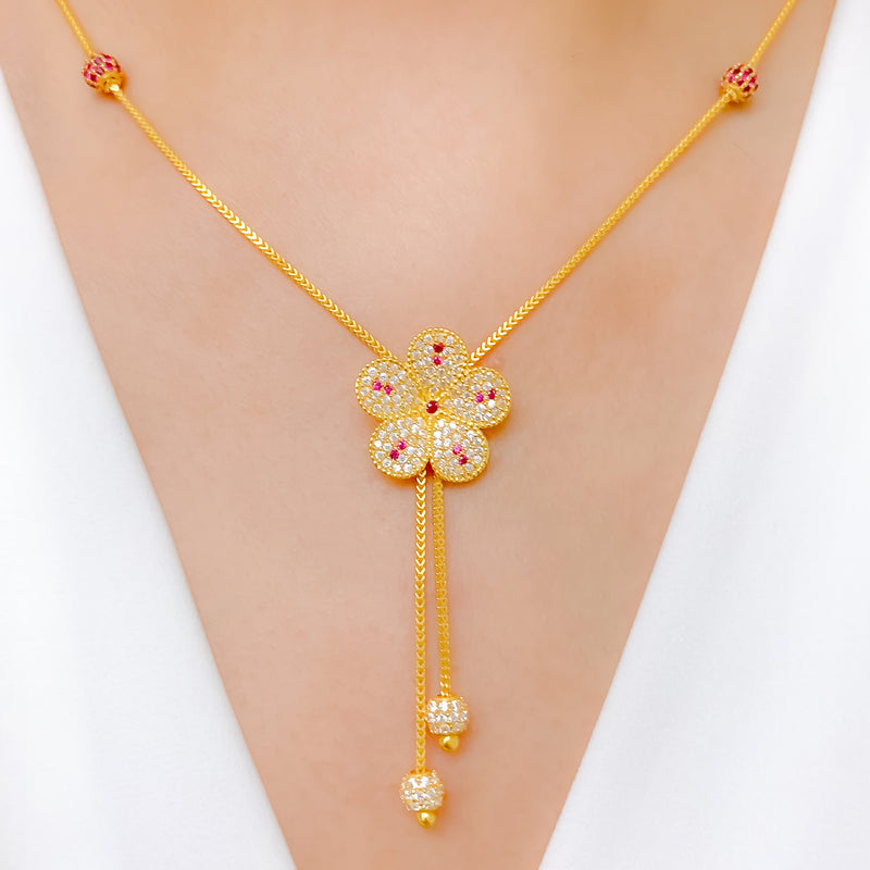 Tasteful Pink Accented CZ Petals 22k Gold Necklace