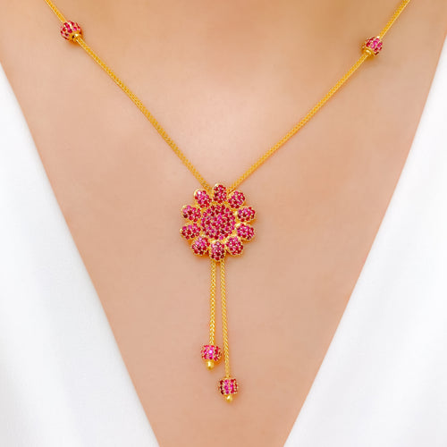 Lush CZ Flower Hanging 22k Gold Necklace