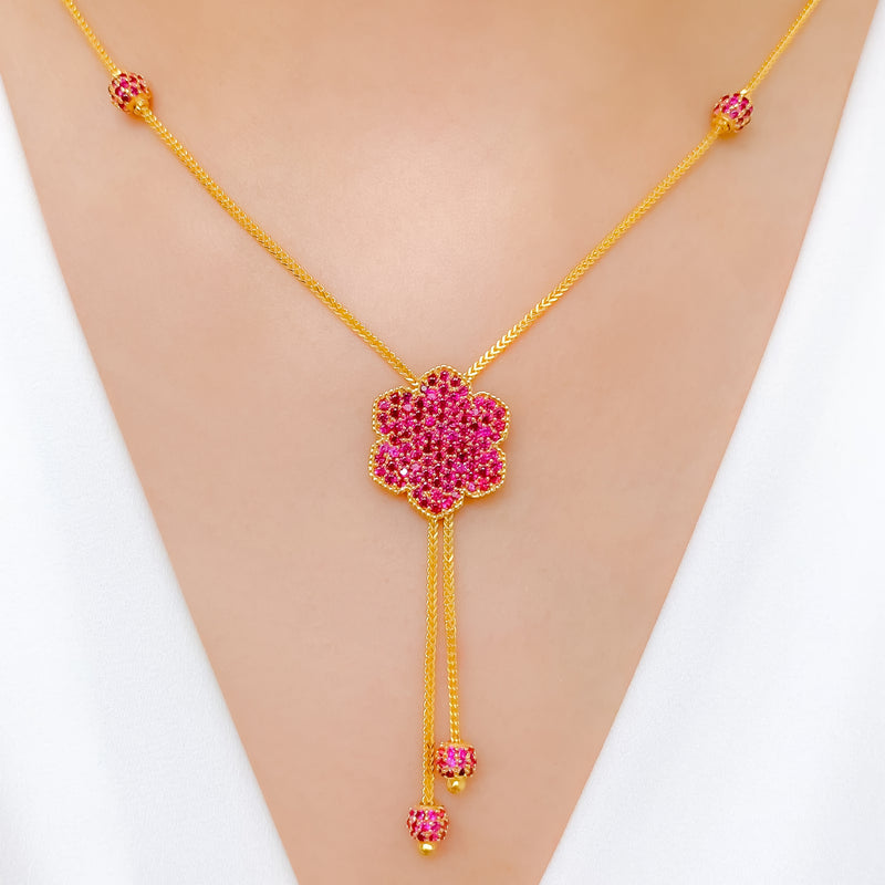 Upscale Pink CZ Floral Drop Necklace