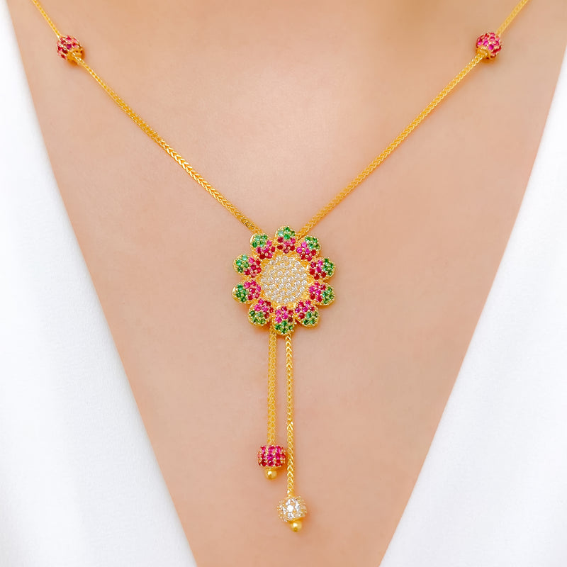 Luscious Pink + Green Accented Floral CZ 22k Gold Necklace