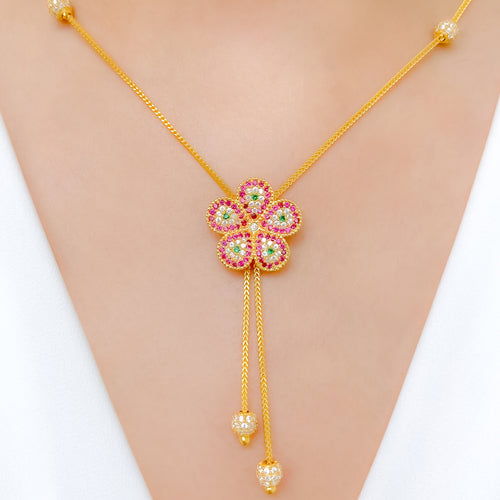 Dressy Floral Hanging CZ 22k Gold Necklace