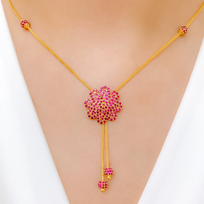 Grand Pink CZ Flower Drop 22k Gold Necklace