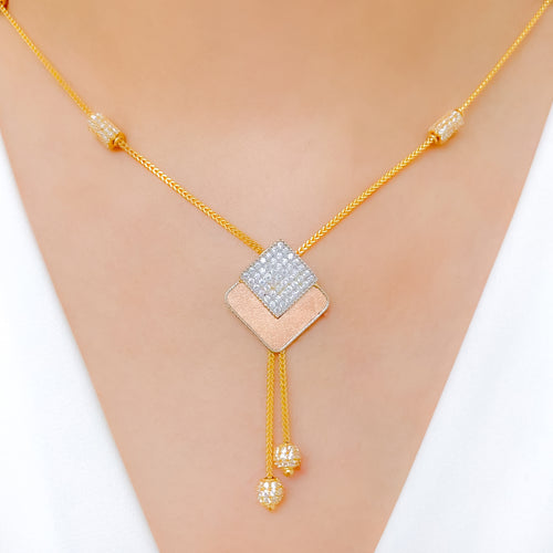 Chic Three-Tone CZ Tassel 22k Gold Necklace