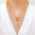 Glamorous Pink + White CZ Flower 22k Gold Necklace