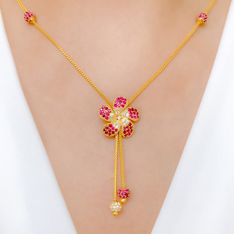 Glamorous Pink + White CZ Flower 22k Gold Necklace