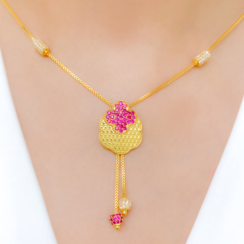Sparkling Pink CZ Clover 22k Gold Necklace