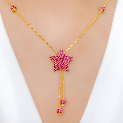 Magnificent Pink CZ Star Hanging 22k Gold Necklace