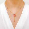 Striking Pink Studded CZ Floral 22k Gold Necklace