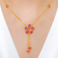 Striking Pink Studded CZ Floral 22k Gold Necklace