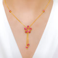 Striking Pink Studded CZ Floral 22k Gold Necklace