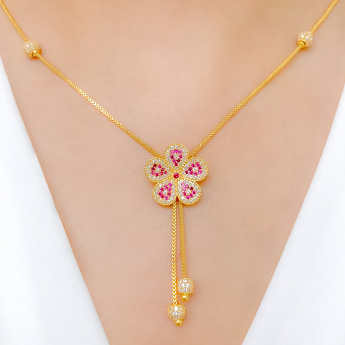 Classy CZ Flower Drop 22k Gold Necklace