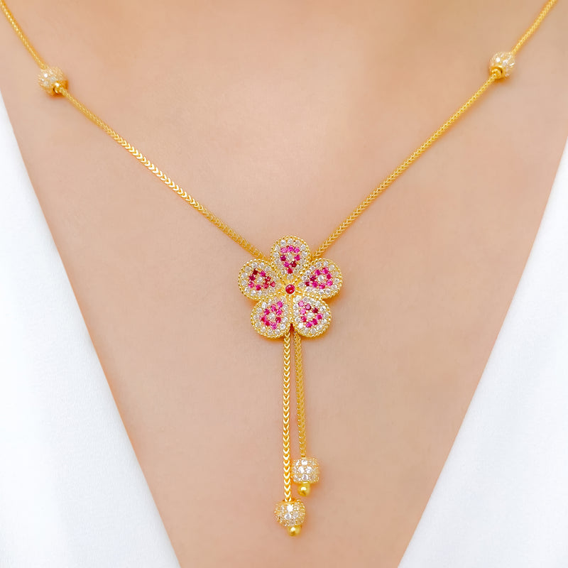 Classy CZ Flower Drop 22k Gold Necklace