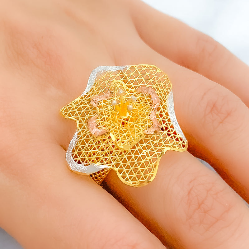Sparkling 3D 22k Gold Flower Ring