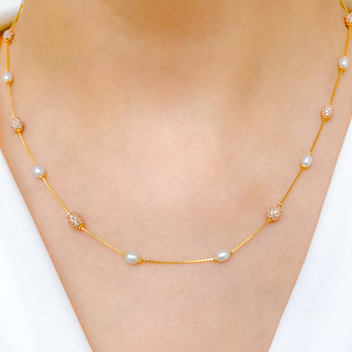 Alternate Pearl + Glittering CZ Necklace