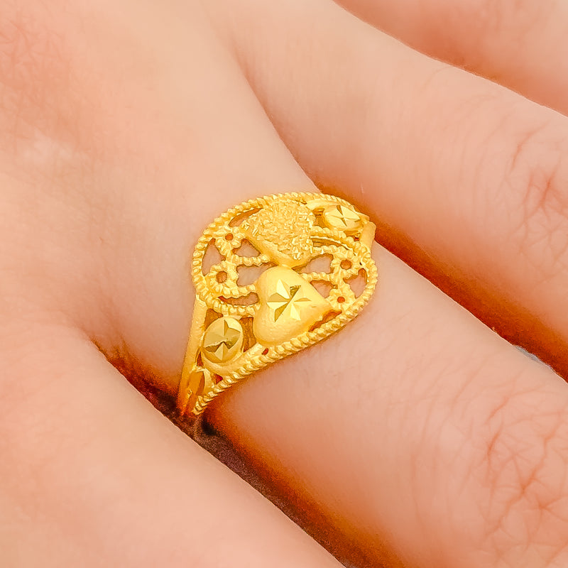 Ornate Floral Heart 22k Gold Ring