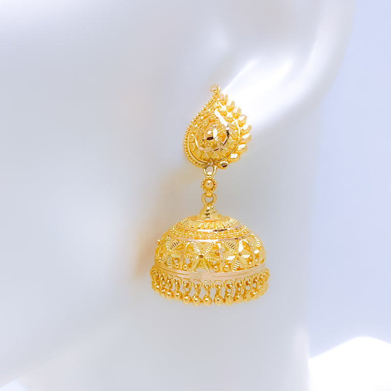 Grand Shimmering Leaf Jhumki EarringsGrand Shimmering Leaf Jhumki 22k Gold Earrings