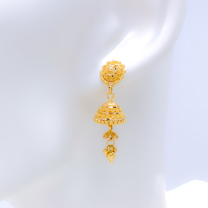 Long Beaded Floral Hanging 22k Gold Earrings