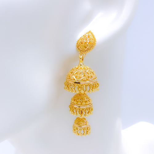 Opulent Three-Tier Fancy Jhumki 22k Gold Earrings