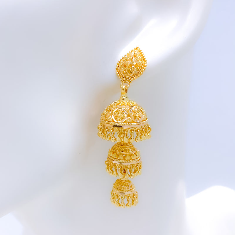 Opulent Three-Tier Fancy Jhumki 22k Gold Earrings