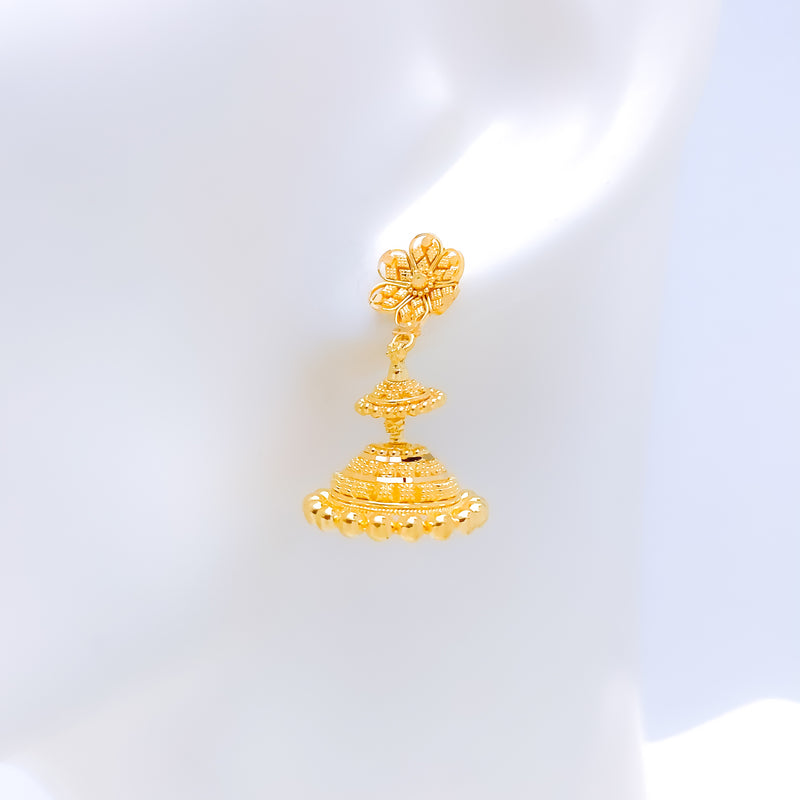Unique Delicate Beaded Flower Hanging 22k Gold Earrings