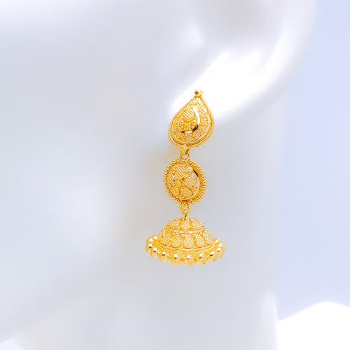 Posh Leaf + Flower Adorned Jhumki 22k Gold Earrings