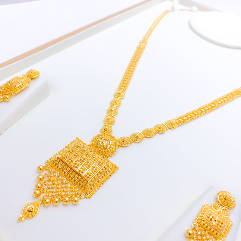 Classy Rectangular + Netted Drop 22k Gold Long Set