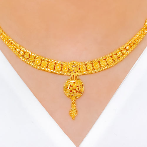 Slender Floral Pear 22k Gold Drop Set