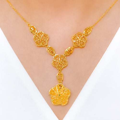 Detailed Floral 22k Gold Necklace Set