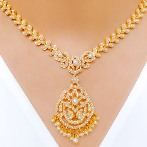 Stately Leaf Adorned Pearl 22k Gold Necklace Set