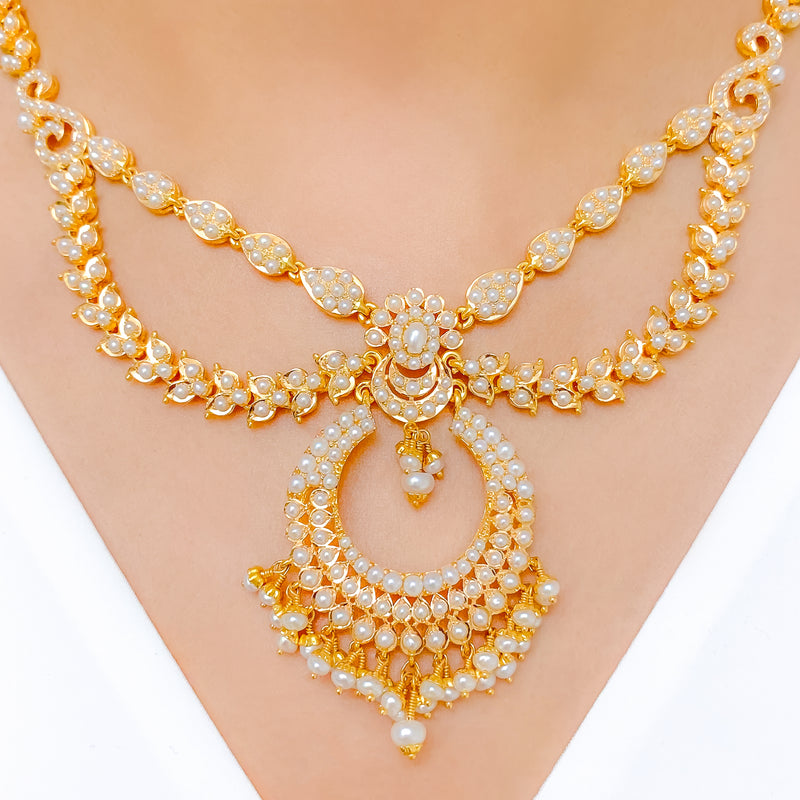 Upscale Royal Two-Chain Pearl 22k Gold Necklace Set