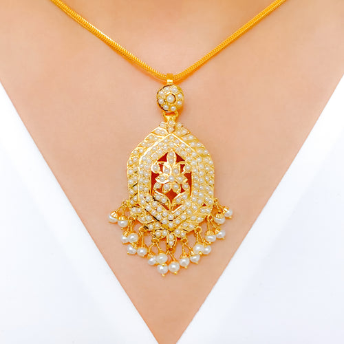 Plush Floral Pearl Drop 22k Gold Pendant Set