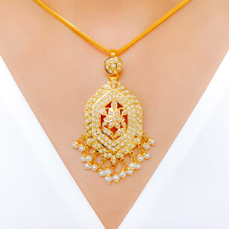 Plush Floral Pearl Drop 22k Gold Pendant Set