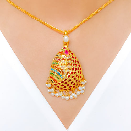 Festive Multi-Gem Floral Pendant 22k Gold Set