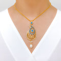 Reflective Turquoise Hanging Leaf 22k Gold Pendant Set