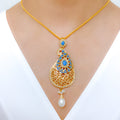 Reflective Turquoise Hanging Leaf 22k Gold Pendant Set