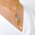 Reflective Turquoise Hanging Leaf 22k Gold Pendant Set