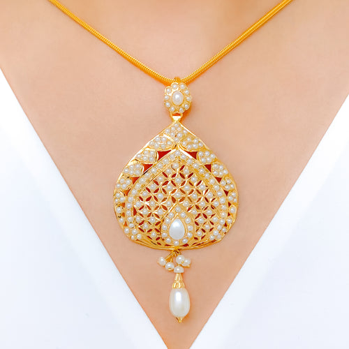 Regal Hanging Pearl 22k Gold Pendant Set